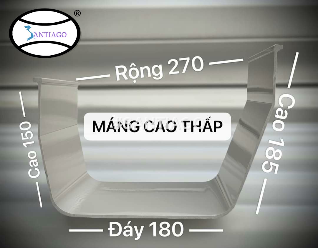 Mặt cắt máng xối nhựa cao thấp: cạnh cao 185 mm, cạnh thấp 150 mm