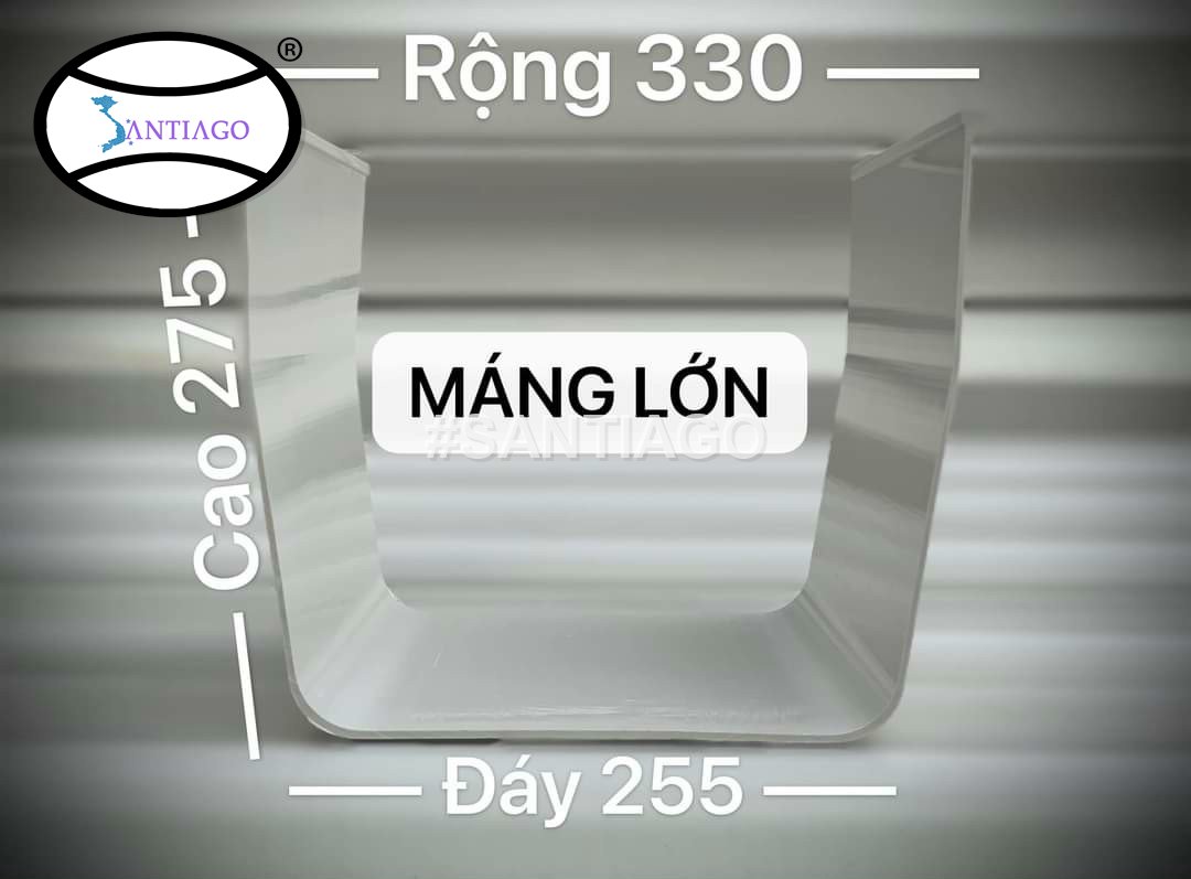 Mặt cắt máng xối nhựa lớn: đáy 255 mm, cao 275 mm, rộng 330 mm